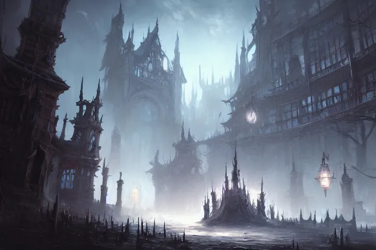 Image similar to collaborative environment concept art by Tyler Edlin, Andy Park, Feng Zhu, James Paick, Ryan Church, in the style of Bloodborne