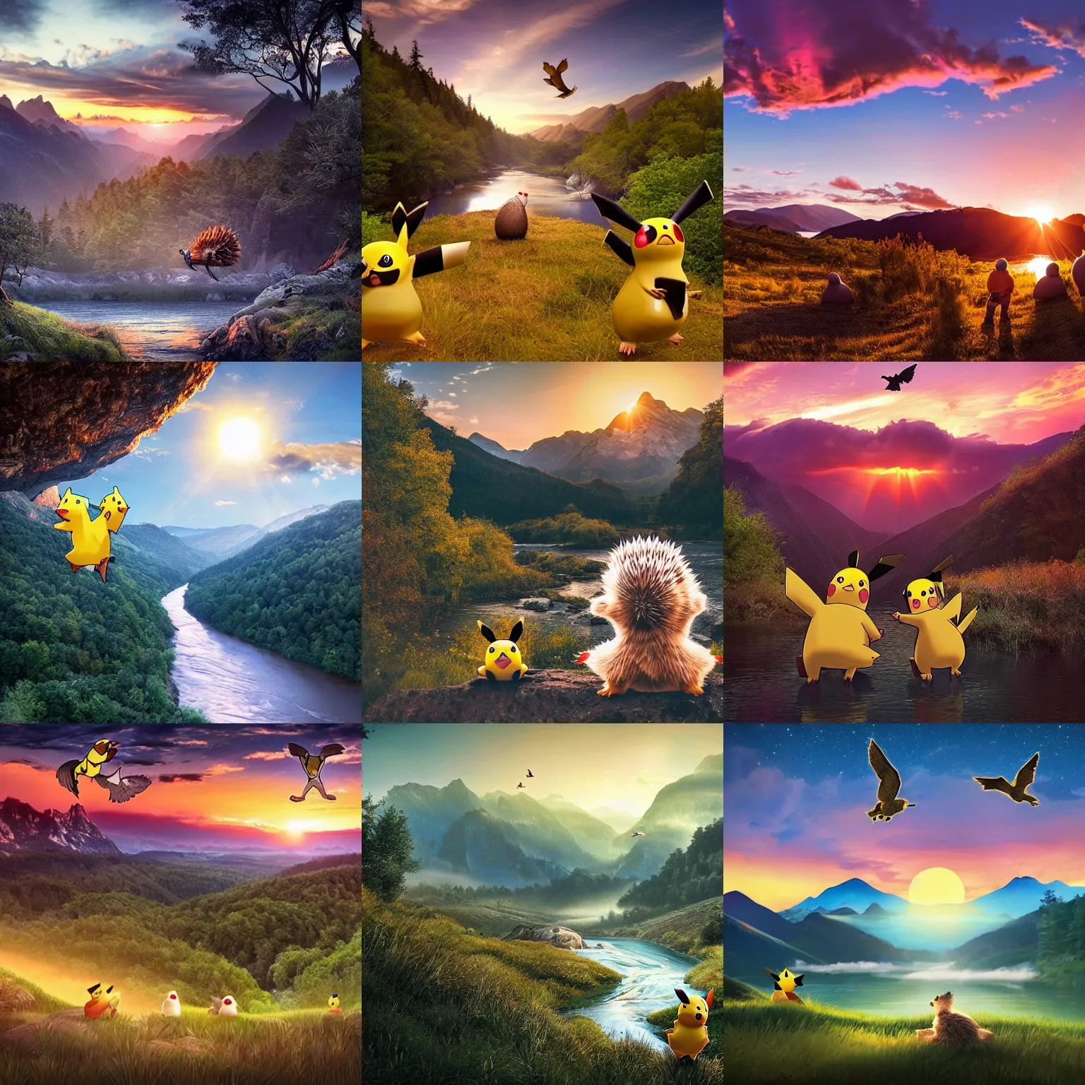 Prompt: A majestic landscape featuring a river, mountains and a forest. A group of birds is flying in the sky. There is an pikachu with a hedgehog standing next to him. They are both staring at the sunset. Cinematic, very beautiful, award winning photo