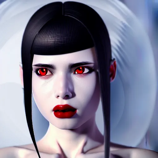 Prompt: a girl with black hair, skin that is pure white, and red eyes, octane render, professional art