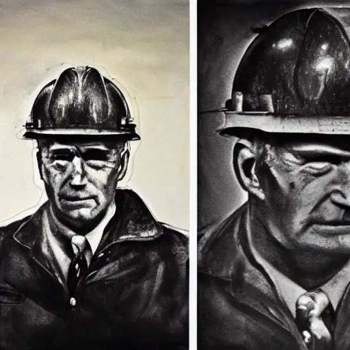 Image similar to Joe Biden as a coal miner, high detail, portrait, close up, dirty, hard hat, smear, smudge, grit