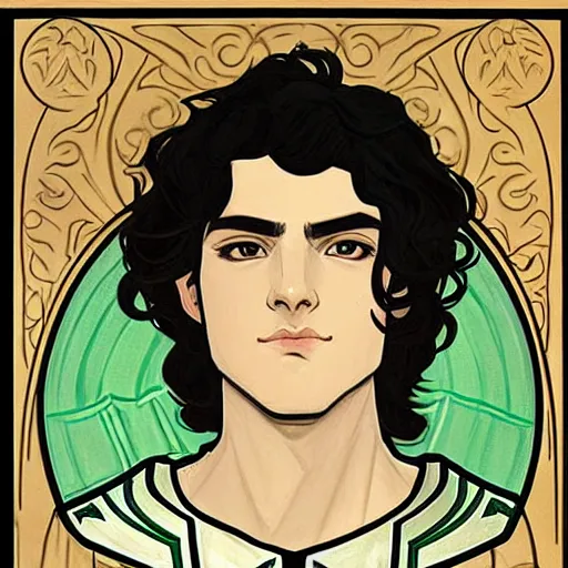 Prompt: painting of handsome beautiful paladin elf! man with wavy dark hair in his 2 0 s named shadow taehyung at the cucumber soup party, wearing armor!, elegant, clear, painting, stylized, delicate, soft facial features, art, art by alphonse mucha, vincent van gogh, egon schiele,