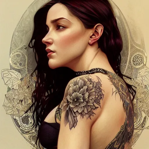Image similar to ultra realistic illustration, a hot and beautiful tattooed slavic woman in her 3 0's, intricate, elegant, highly detailed, digital painting, artstation, concept art, smooth, sharp focus, illustration, art by artgerm and greg rutkowski and alphonse mucha