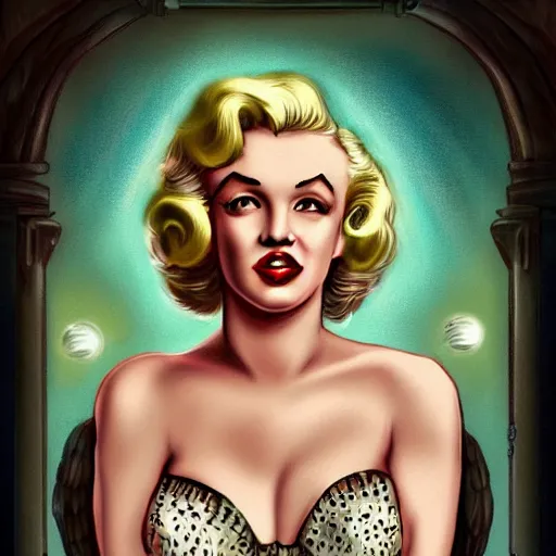 Image similar to a tarot card of teenage marilyn monroe, fantasy, intricate, elegant, highly detailed, digital painting, artstation, concept art, matte, sharp focus, illustration, luminist and baroque style