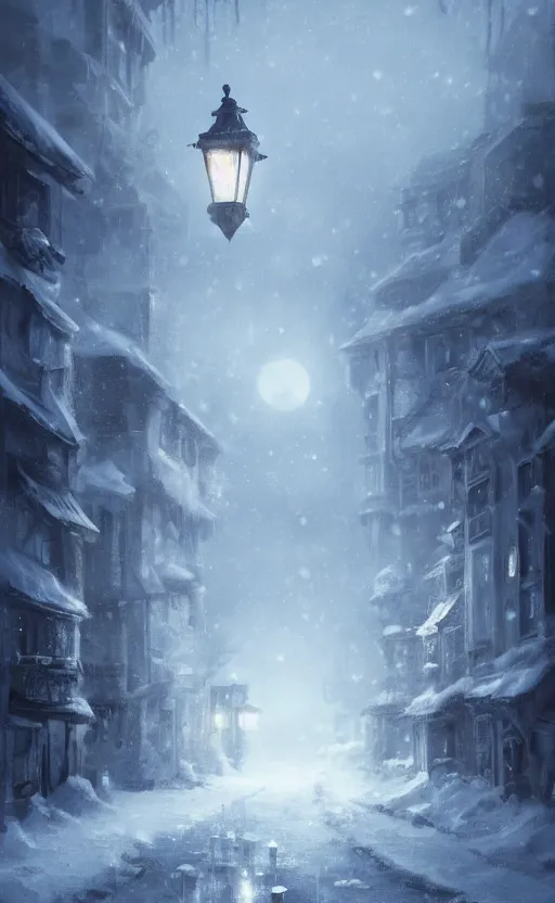 Image similar to a blurry ambient lantern in the distance of a snowy village at night, dynamic lighting, ambient lighting, atmospherical, photorealistic fantasy concept art, trending on art station, stunning visuals, creative, cinematic, ultra detailed