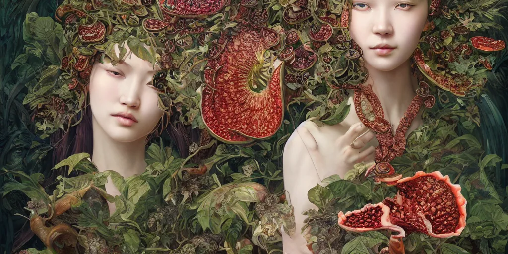 Image similar to breathtaking detailed concept art painting of the goddess of rafflesia arnoldii flowers, orthodox saint, with anxious, piercing eyes, ornate background, amalgamation of leaves and flowers, by Hsiao-Ron Cheng, James jean, Miho Hirano, Hayao Miyazaki, extremely moody lighting, 8K