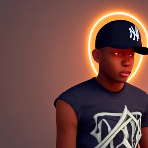 Image similar to black male teen wearing a yankees cap holding a glowing power orb. trending on artstation, octane render, ultra detailed, art by ross tran