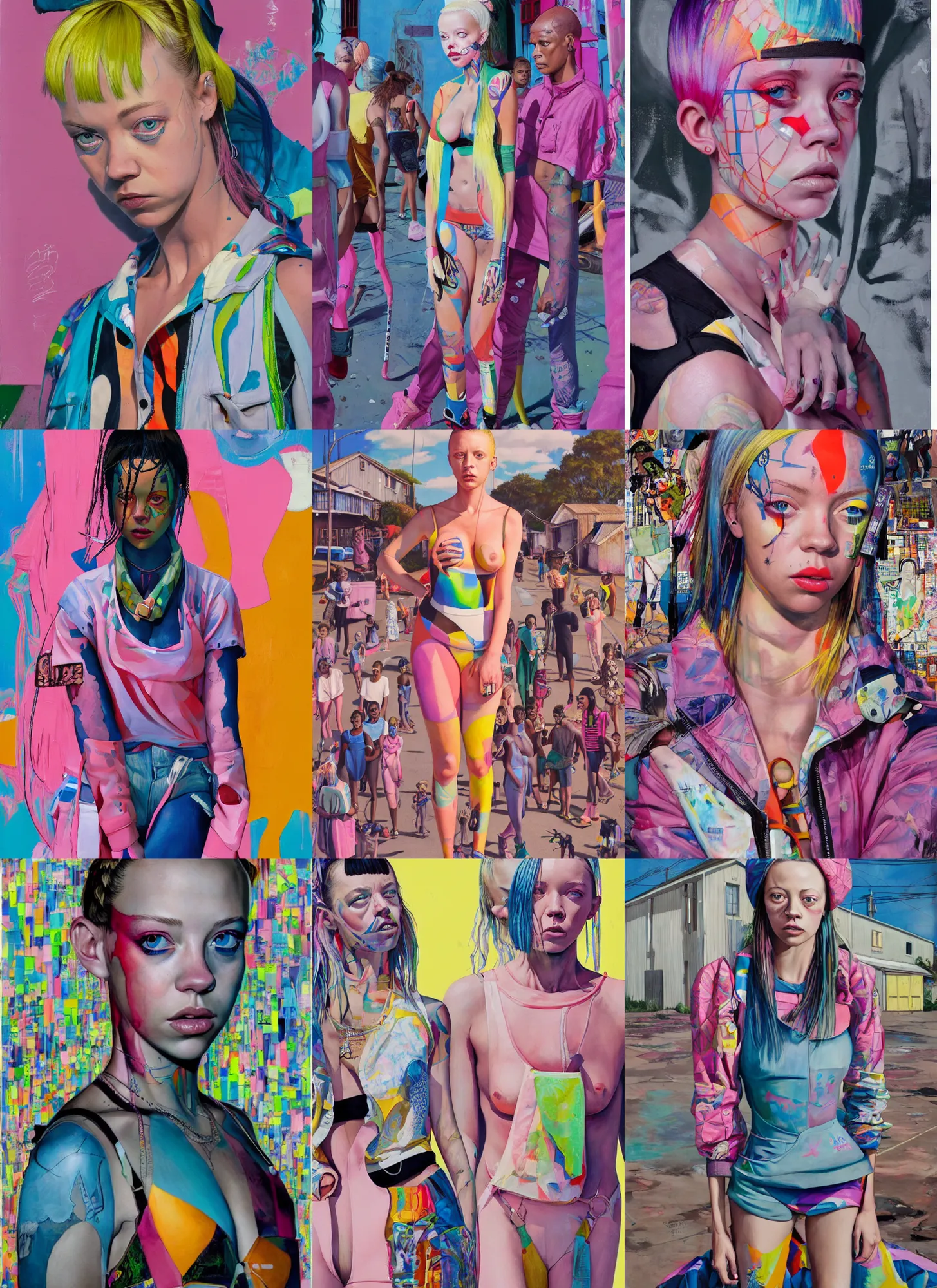 Prompt: still from music video of sydney sweeney from die antwoord standing in a township street, street fashion clothing,! haute couture!, full figure painting by martine johanna, njideka akunyili crosby, rossdraws, pastel color palette, 2 4 mm lens