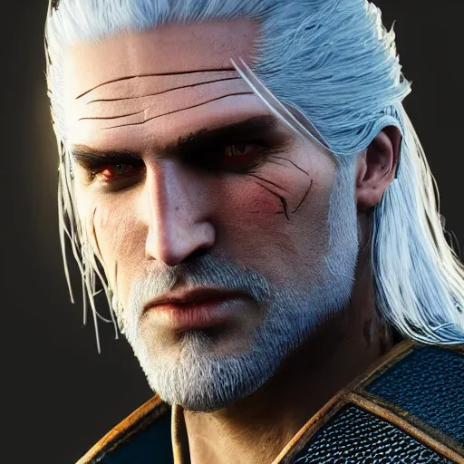 Image similar to geralt from the witcher 3 video game, huggy wuggy from poppy playtime video game, fullbody, ultra high detailed, glowing lights, oil painting, greg rutkowski, charlie bowater, beeple, unreal 5, daz, hyperrealistic, octane render, rpg portrait, dynamic lighting, fantasy art, beautiful face