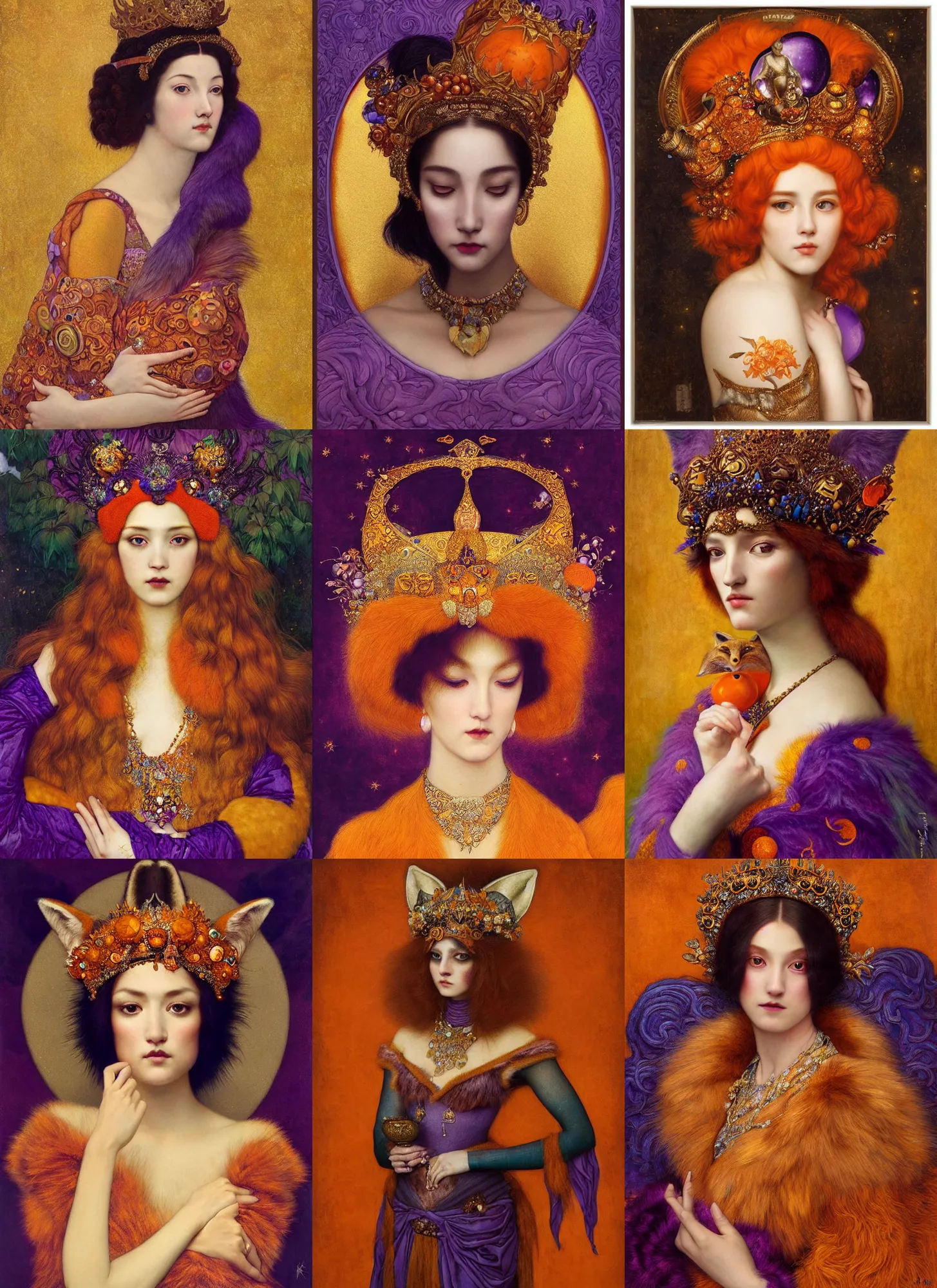 Prompt: “ a majestic portrait of an woman in a fox costume, wearing a gemstone crown, titian, tom bagshaw, yanjun chengt, maxfield parrish, gustav klimt, highly detailed, intricate ornamental flourishes, orange purple and gold ”