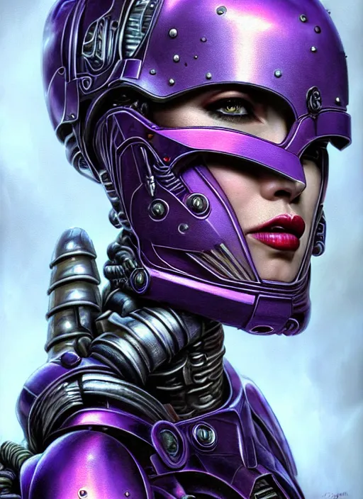 Image similar to extreme close up, portrait of a woman in purple sci - fi armor, bionic arm, intricate, warhammer, warhammer 4 0 k, highly detailed, digital painting, concept art, sharp focus, illustration, muted colors, grim dark, moody, gloomy, art by john blanche, by pedro nunez, by jaime martinez, by nacho molina