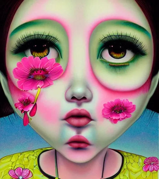 Image similar to portrait of a flowerpunk girl's face, lowbrow painting by mark ryden and hiroyuki mitsume - takahashi