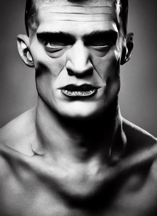Prompt: Handsome Frankenstein, smooth skin, young man, masculine, strong cheekbones, gorgeous