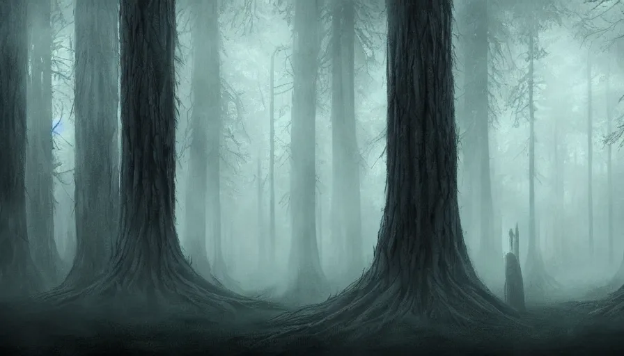 Prompt: a dark foggy forest, a very tall faceless monster standing amongst the trees, concept art, illustration, dark fantasy, high detail, trending on artstation