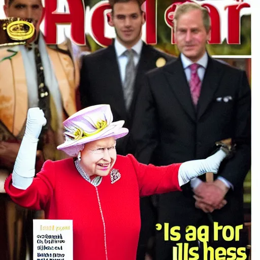 Image similar to the queen of england making a rude gesture lifting her middle finger in a magazine cover photo.