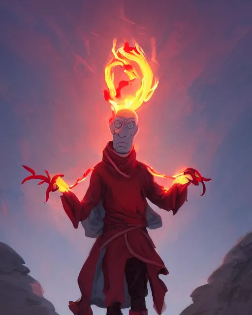 Image similar to tentacled [ squidward ] wearing fire nation clothing and practicing firebending outside at susnset, [ greg rutkowski ]