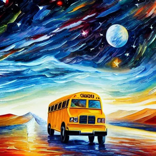 Image similar to school bus, on mars, school bus on mars, earth in the background, shooting stars, nebula, drawn by Leonid Afremov