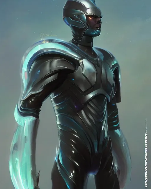 Image similar to opalescent wiry muscular male smooth sleek glossy black pearlescent scifi armor, by greg rutkowski and mark brookes and jim burns and tom bagshaw and magali villeneuve, trending on artstation