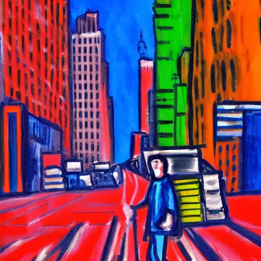 Prompt: man lost in new york city. expressionist painting.