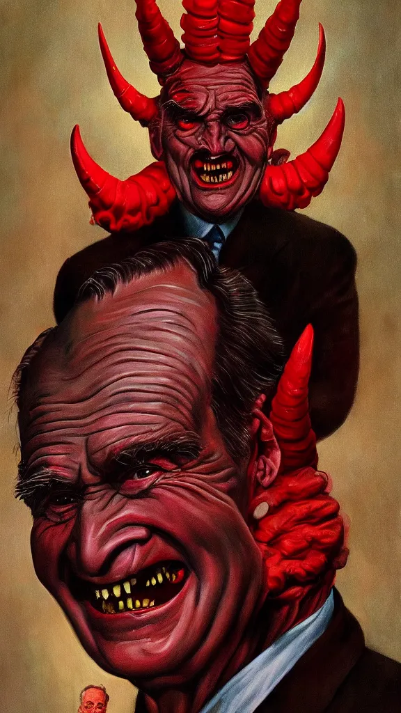 Image similar to demonic george hw bush with red horns, painting in the style of norman rockwell, 1 9 5 0 s, evil, satan, devil, demonic, demon, hyperrealistic, photorealistic, award - winning, 4 k, ultra hd, artstation, intricate, highly detailed, american, usa, dark, gritty