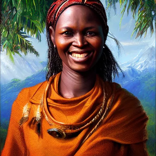 Image similar to portrait of a tanzanian woman ( 3 5 ) from tanzania, an oil painting by ross tran and thomas kincade