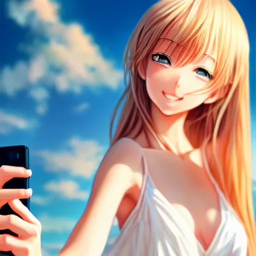 Image similar to beautiful serene intricate very detailed portrait of a realistic anime girl taking a selfie, smiling softly, wearing light loose clothing, relaxing on the beach, golden hour, soft focus, 8 k, art by irakli nadar, hyperrealism, hyperdetailed, ultra realistic