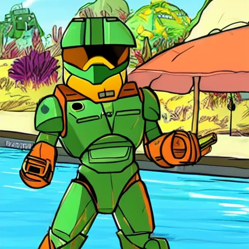 Image similar to masterchief enjoying summer, cartoon style