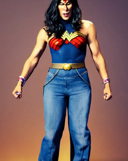 Image similar to a Chimpanzee, dressed as Wonder Woman, is wearing tight fit blue Jean pants, photographed in the style of Mario Testino, Standing in front of photorealistic