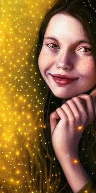 Image similar to young woman, smiling, amazed by golden fireflies lights, sitting in the midst of nature fully covered, long loose red hair, intricate linework, green eyes, small nose with freckles, oval shape face, realistic, expressive emotions, dramatic lights, spiritual scene, hyper realistic ultrafine art by cecco del caravaggio and albert bierstadt and artgerm