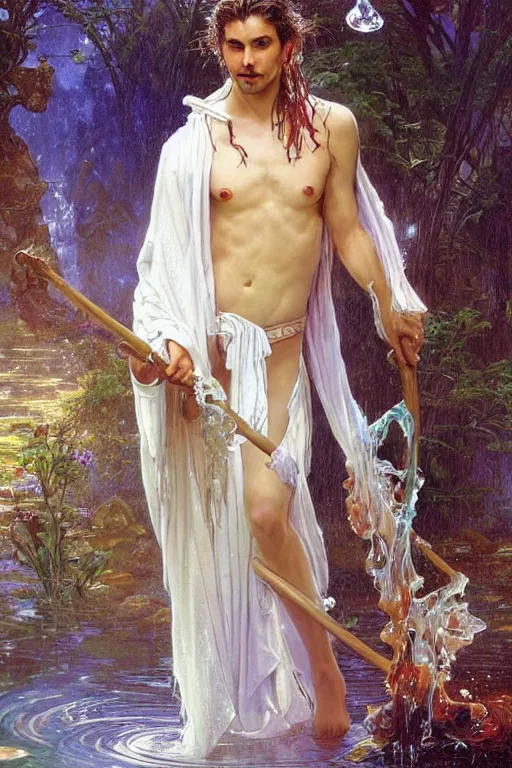 Image similar to portrait of a beautiful man wearing a white robe, holding a long fantasy staff, drenched body, wet dripping hair, emerging from the water, fantasy, regal, fractal crystal, fractal gems, by stanley artgerm lau, thomas kindkade, alphonse mucha, loish, norman rockwell