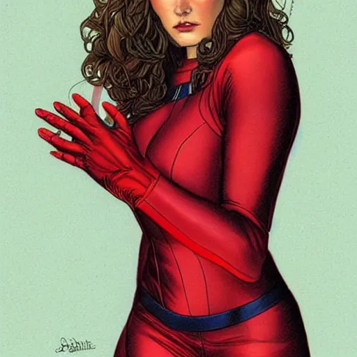 Image similar to Brooke Shields as Scarlet Witch by the artist Jenny Frison.