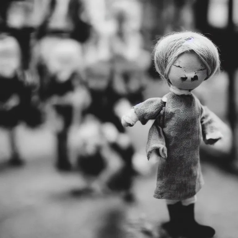 Prompt: a tilt shift photo of a creepy sad doll Tri-X 400 TX