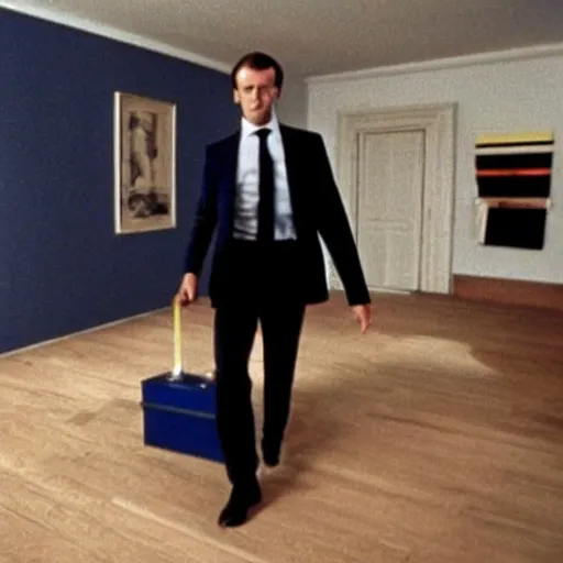 Prompt: Emmanuel Macron moving Ikea furniture in his empty room, in American Psycho (1999)