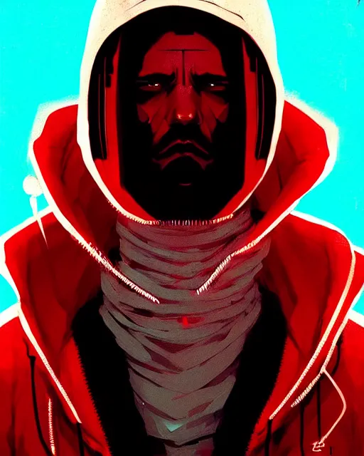 Prompt: cyberpunk synth, hyper - realistic portrait of a man in a white and red hoodie, cyberpunk, by atey ghailan, by greg rutkowski, by greg tocchini, by james gilleard, by joe fenton, by kaethe butcher, dynamic lighting, gradient light blue, brown, cinematic lighting color scheme, sharp focus, grunge aesthetic