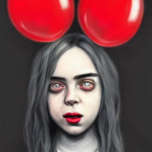 Prompt: surrealism grunge cartoon portrait sketch of billie eilish with a wide smile and a red balloon by - michael karcz, loony toons style, the conjuring style, horror theme, detailed, elegant, intricate