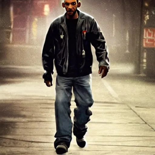 Prompt: film still of will smith dressed like niko bellic (character from Grand Theft Auto IV), photorealistic