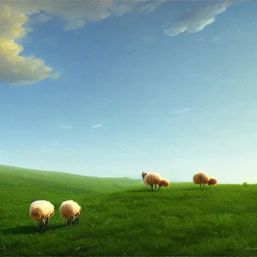 Image similar to A bunch of sheeps,clear skies,Green meadow,highly detailed,elegant,Marc Simonetti and Caspar David Friedrich, Trending on artstation