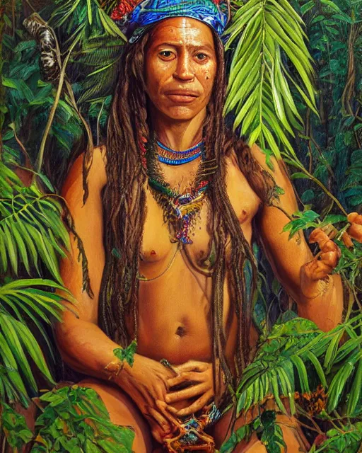 Image similar to a beautiful painting of an amazonian shaman healer sitting in the jungle, doing a prayer, ayahuasca, high detail painting, fantasy art, highly detailed, realistic face, only one face, starry sky, canopee