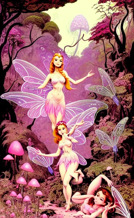 Image similar to fairies with detailed faces and true anatomy wearing pink clothes, enchanted forest, mushrooms on the ground, psychedelic, wide angle shot, white background, vector art, illustration by frank frazetta