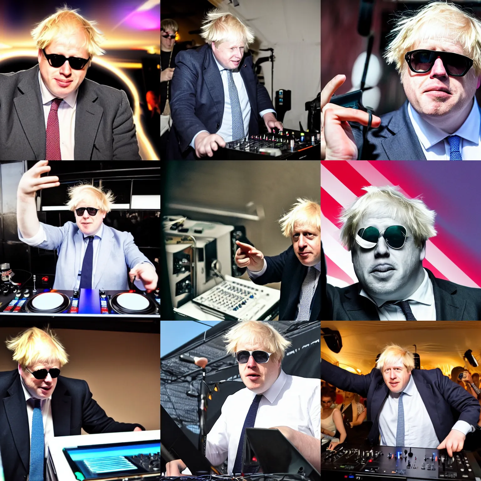 Prompt: Boris Johnson with sunglasses DJing, photoreal