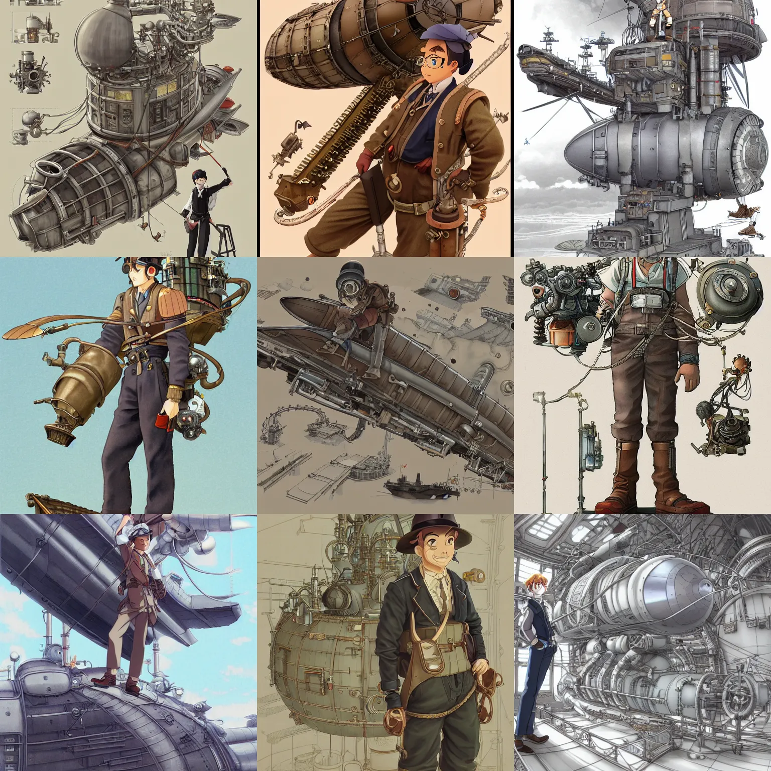 Prompt: Full body portrait of an engineer working on an airship, dieselpunk, detailed, artstation, by Kyoto Animation and Studio Ghibli, by Yoshitoshi ABe and Range Murata