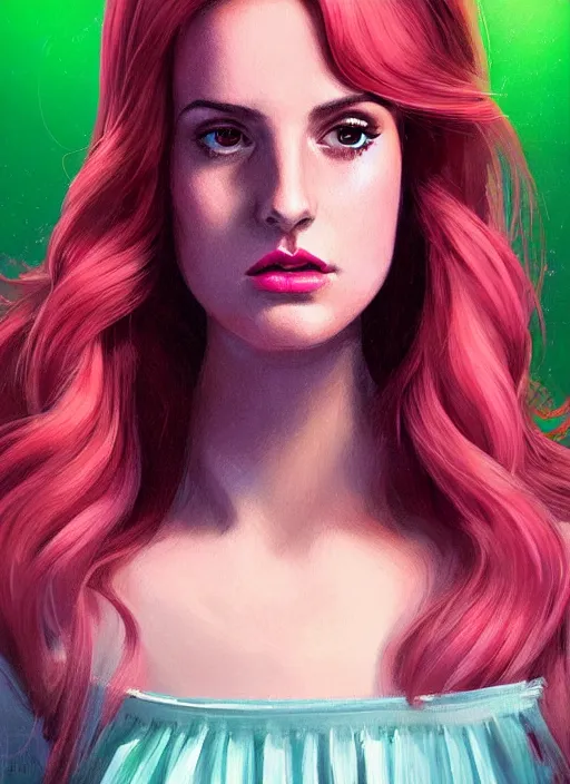 Image similar to full body portrait of teenage cheryl blossom, bangs, green eyes, sultry expression, red hair, sultry smirk, bangs and wavy hair, pink skirt, intricate, elegant, glowing lights, highly detailed, digital painting, artstation, concept art, smooth, sharp focus, illustration, art by wlop, mars ravelo and greg rutkowski