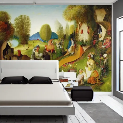 Image similar to a bedroom decorated with wall murals painted by bosch, 4 k