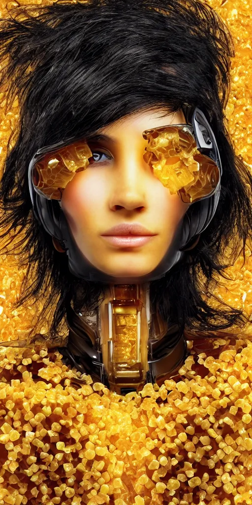 Image similar to a beautiful cyborg made of honey