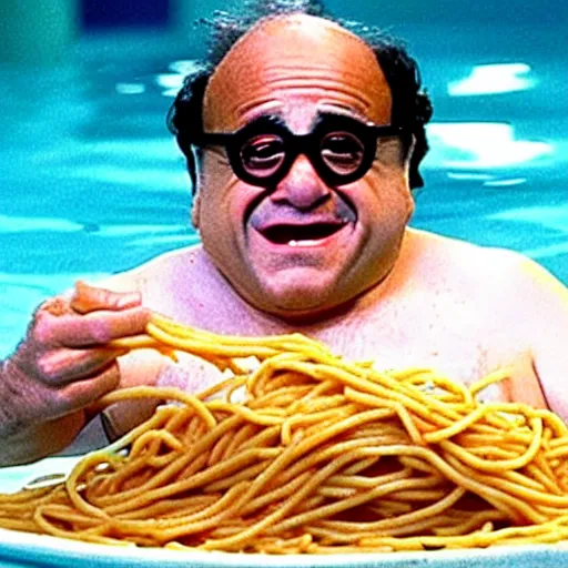 Image similar to danny devito swimming in spaghetti. he's not happy about it.