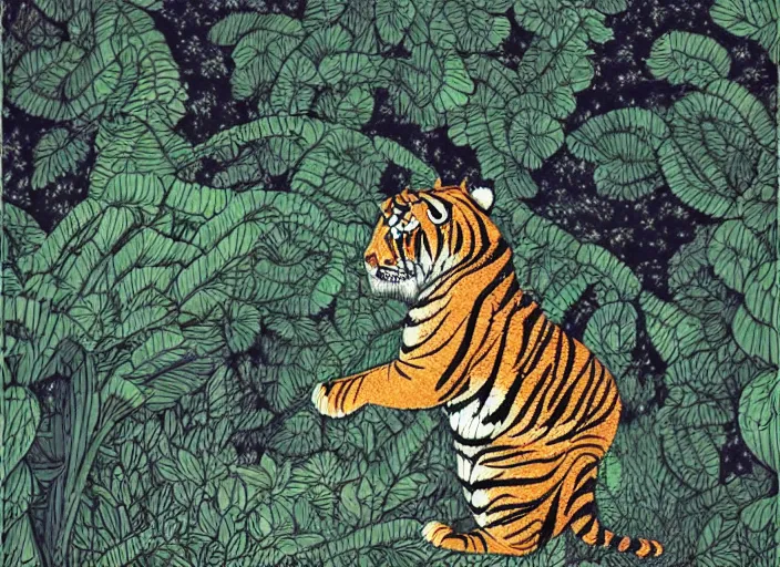 Image similar to a tiger in the centella asiatica in android jones style