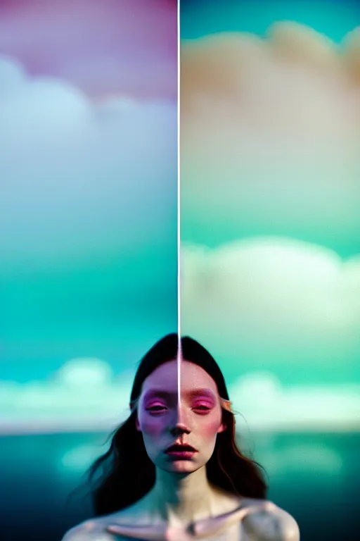 Image similar to high quality pastel coloured film close up wide angle photograph of a model wearing clothing swimming on cloud furniture in a icelandic black rock!! environment in a partially haze filled dreamstate world. three point light, rainbow. photographic production. art directed. pastel colours. volumetric clouds. pastel gradient overlay. waves glitch artefacts. extreme facial clarity. 8 k. filmic.