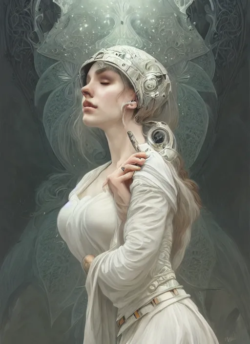 Image similar to portrait of person with face full of white mist, fantasy, medieval wear, intricate, elegant, highly detailed, digital painting, artstation, concept art, smooth, sharp focus, illustration, art by artgerm and greg rutkowski and alphonse mucha