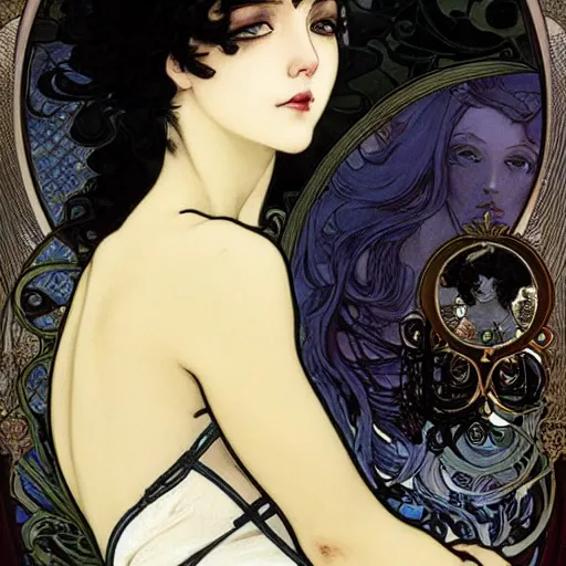 Prompt: a woman with black hair and long pixie haircut in shorts with suspenders and white t - shirt, inspired by alphonse mucha, ayami kojima, amano, charlie bowater, karol bak, greg hildebrandt, jean delville, and mark brooks, art nouveau, neo - gothic, gothic, rich deep moody colors. yuka morii and