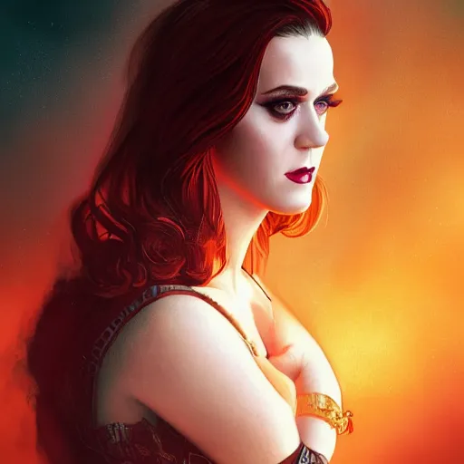 Image similar to majestic gracious regal katy perry brunette vampire portrait, atmospheric lighting, painted, menacing, intricate, volumetric lighting, beautiful, rich deep colours masterpiece, golden hour, sharp focus, ultra detailed, by leesha hannigan, ross tran, thierry doizon, kai carpenter, ignacio fernandez rios