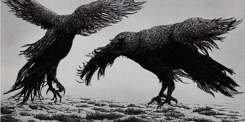 Image similar to weird west, giant crow blocking out the sun, desaturated delicate illustration by moebius jean giraud